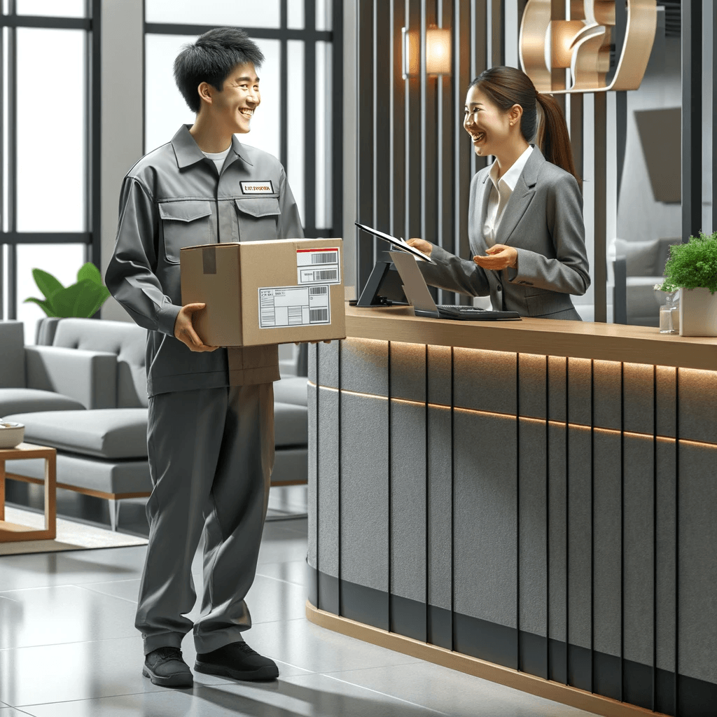 Delivery person handing a package to a smiling receptionist at a modern office reception desk.