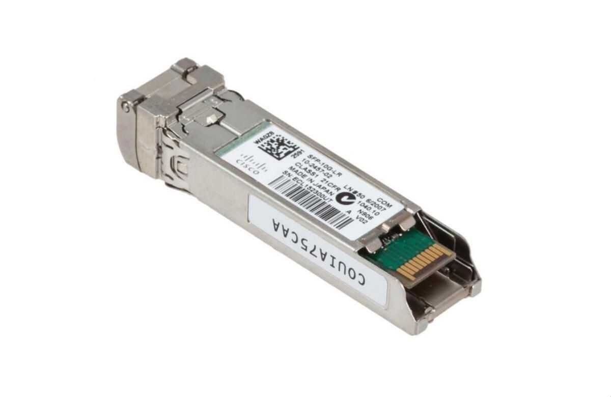 A metal SFP transceiver module used in networking, labeled with product details and a barcode.