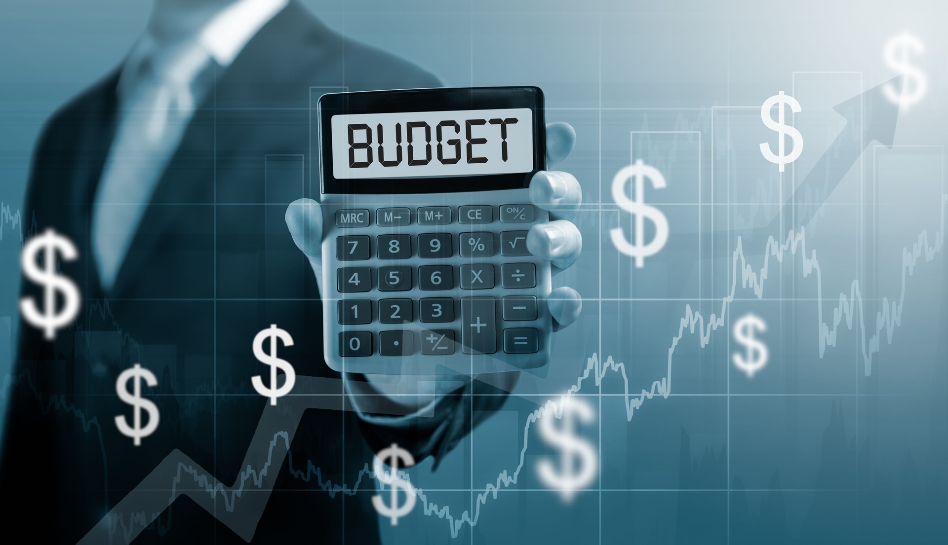 Budget text on calculator. budget increase. budget calculation. Businessman hold and show Calculator with word budget. business plan concept
